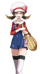 Rule 34 | 1girl, bag, blue overalls, brown eyes, brown hair, collarbone, cowboy shot, creatures (company), game freak, handbag, hat, highres, holding, holding bag, long sleeves, looking at viewer, lyra (pokemon), nintendo, open mouth, overalls, pokemon, pokemon hgss, red shirt, shadow, shirt, simple background, smile, solo, suspenders, thighhighs, tsukishiro saika, twintails, white background, white hat, white thighhighs