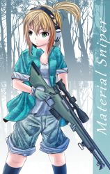 Rule 34 | 1girl, blonde hair, ear protection, female focus, forest, gloves, green eyes, gun, highres, iris (material sniper), jacket, kigisi, kneehighs, material sniper, nature, outdoors, plant, rifle, scope, short hair, shorts, side ponytail, sleeves rolled up, sniper rifle, socks, solo, trigger discipline, weapon