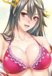 Rule 34 | 10s, 1girl, bad id, bad nicoseiga id, bare shoulders, bikini, black hair, blue eyes, breasts, brown eyes, collarbone, gradient background, haruna (kancolle), headgear, highres, kantai collection, large breasts, long hair, open mouth, red bikini, solo, swimsuit, upper body, zucchini