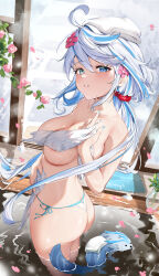 Rule 34 | 1girl, absurdres, animal, aqua eyes, ass, blue eyes, blue hair, blue nails, breasts, covering nipples, covering privates, drop-shaped pupils, furina (genshin impact), genshin impact, heterochromia, highres, medium breasts, multicolored hair, onsen, panties, solo, symbol-shaped pupils, tagme, underwear, vincent leo, water, wet, white hair