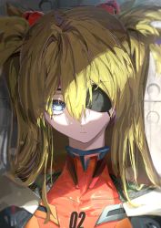 Rule 34 | 1girl, absurdres, blue eyes, bodysuit, brown hair, cowboy shot, expressionless, eyepatch, hair ornament, highres, long hair, neon genesis evangelion, pilot suit, plugsuit, rebuild of evangelion, red bodysuit, roitz ( roitz ), shiny clothes, simple background, solo, souryuu asuka langley, standing, very long hair, white background, wide hips