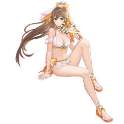 Rule 34 | 1girl, bare legs, bare shoulders, bow, breasts, brown hair, cleavage, crop top, estelle (king&#039;s raid), full body, green eyes, hair bow, holding, invisible chair, king&#039;s raid, knee up, long hair, looking at viewer, medium breasts, microskirt, midriff, navel, official art, ponytail, revealing clothes, sandals, shirt, simple background, sitting, skirt, sleeveless, sleeveless shirt, smile, solo, thighs, very long hair, wedding, white background, white shirt, white skirt, wreath
