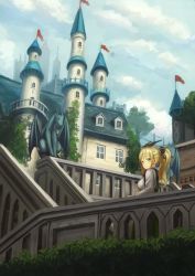Rule 34 | 1girl, bad id, bad pixiv id, blonde hair, bush, castle, closed mouth, cloud, cloudy sky, commentary request, day, flag, gargoyle, green eyes, green skirt, hair ornament, high ponytail, horns, long hair, long sleeves, looking at viewer, looking back, original, outdoors, railing, scenery, shirt, skirt, sky, smile, solo, spire, stairs, statue, stone stairs, suspender skirt, suspenders, tareme, tower, tree, usagino suzu, white shirt, window