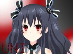 Rule 34 | bare shoulders, black hair, collar, hair ornament, hairclip, long hair, mirroa1015, neptune (series), red eyes, smile, tsundere, twintails, two side up, uni (neptunia)