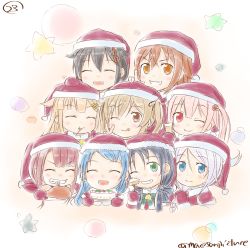 Rule 34 | 10s, 6+girls, :d, ;d, alternate costume, black hair, blonde hair, blue eyes, blue hair, braid, brown eyes, brown hair, cake, christmas, commentary request, eating, closed eyes, food, gradient hair, green eyes, hair flaps, hair ornament, harusame (kancolle), hat, highres, kantai collection, kawakaze (kancolle), long hair, looking at viewer, mae (maesanpicture), multicolored hair, multiple girls, murasame (kancolle), numbered, one eye closed, open mouth, pink hair, red eyes, red hair, remodel (kantai collection), samidare (kancolle), santa hat, shigure (kancolle), shiratsuyu (kancolle), silver hair, smile, suzukaze (kancolle), tongue, tongue out, turkey leg, twintails, umikaze (kancolle), v, yuudachi (kancolle)