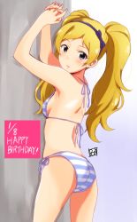 Rule 34 | 1girl, against wall, armpit peek, arms up, artist name, ass, back, bikini, blonde hair, blue bikini, blue ribbon, breasts, commentary request, cowboy hat, dated, emily stewart, english text, from behind, hair ribbon, halterneck, happy birthday, hat, highres, idolmaster, idolmaster million live!, interlocked fingers, long hair, looking at viewer, looking back, own hands together, parted lips, ponpon, purple eyes, ribbon, side-tie bikini bottom, signature, small breasts, solo, standing, string bikini, striped bikini, striped clothes, swimsuit, twintails
