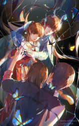 Rule 34 | 1boy, 1girl, absurdres, bai qi (love and producer), blue butterfly, broken mirror, brown eyes, brown hair, bug, butterfly, closed mouth, dress, highres, hug, hug from behind, insect, long hair, long sleeves, love and producer, mirror, open mouth, protagonist (love and producer), rabbitcamilla, red dress, reflection, short hair, sleeves past elbows, yellow butterfly