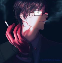Rule 34 | 1boy, black background, black suit, blowing smoke, blue eyes, brown hair, cigarette, formal, glasses, gloves, happy birthday, hypnosis mic, iruma jyuto, male focus, necktie, owo hpm, red gloves, shadow, simple background, smoke, solo, suit, upper body, watch, wristwatch
