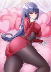 Rule 34 | 1girl, arm support, ass, black bodysuit, blunt bangs, blush, bodysuit, bodysuit under clothes, breasts, comiket 94, commentary request, cowboy shot, creatures (company), crop top, cropped jacket, from above, from side, game freak, gloves, gym leader, hand up, heart, heart-shaped pillow, highres, hizuki akira, indoors, jacket, large breasts, lips, long hair, long sleeves, looking at viewer, lying, miniskirt, nintendo, on bed, on side, pantylines, parted bangs, parted lips, pillow, pokemon, pokemon frlg, purple hair, purple jacket, purple skirt, red eyes, sabrina (pokemon), side slit, skin tight, skirt, solo, spread legs, straight hair, thighs, transparent, valentine, very long hair, white gloves