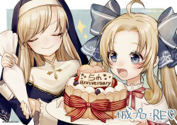 Rule 34 | 2girls, :d, ahoge, anniversary, blonde hair, blue eyes, blue ribbon, blush, cake, chateau de chambord (oshiro project), chateau de chinon (oshiro project), commentary request, copyright notice, facing viewer, food, hair ribbon, long hair, multiple girls, natuki miz, nun, official art, open mouth, oshiro project:re, oshiro project:re, ribbon, second-party source, smile, swept bangs, twintails, twitter username, upper body