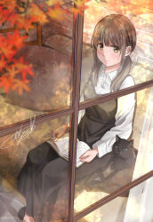 Rule 34 | 1girl, autumn, black cat, book, brown hair, cat, couch, dress, from outside, highres, holding, holding book, looking at viewer, low twintails, original, pillow, pinafore dress, reading, shirt, signature, sitting, sleeveless, sleeveless dress, solo, soragane (banisinngurei), twintails, white shirt, window, yellow eyes