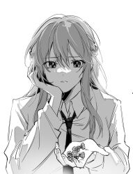 Rule 34 | 1girl, artist request, bolt (hardware), braid, closed mouth, collared shirt, commentary request, commission, french braid, grey hair, hand on own chin, highres, holding, looking at viewer, monochrome, necktie, school uniform, second-party source, sendai hazuki, shirt, shuuniichido classmate wo kau hanashi, solo, upper body