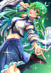 Rule 34 | 1girl, absurdres, antenna hair, aqua hair, black socks, blue skirt, breasts, brown footwear, detached sleeves, frilled skirt, frills, frog hair ornament, gradient background, green background, green eyes, green hair, hair ornament, highres, jumping, key visual, kochiya sanae, long hair, looking at viewer, medium breasts, midriff, nontraditional miko, official art, one eye closed, print skirt, promotional art, sen (daydream 53), skirt, smile, socks, solo, star-shaped pupils, star (symbol), symbol-shaped pupils, tongue, tongue out, touhou, v, white sleeves, wide sleeves