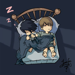 Rule 34 | 00s, 2boys, annoyed, bed, bedroom, boxers, chibi, cuffs, death note, fetal position, from above, handcuffs, indoors, l (death note), male focus, male underwear, multiple boys, night, on bed, shirt, sleeping, t-shirt, thumb sucking, underwear, yagami light, zzz
