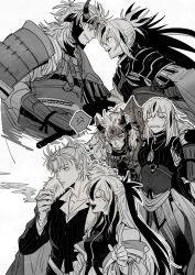 Rule 34 | 1boy, 1girl, anger vein, armor, blood, blood on clothes, cigarette, coat, coat on shoulders, face-to-face, fake horns, fate/grand order, fate (series), formal, greyscale, holding, holding cigarette, horned headwear, horns, japanese armor, long hair, monochrome, multicolored hair, nagao kagetora (fate), nano (veek), pauldrons, shoulder armor, smile, smoking, spoken anger vein, suit, takeda shingen (fate), two-tone hair