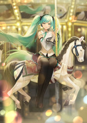 Rule 34 | 1girl, ahoge, aqua hair, aqua ribbon, bad id, bad pixiv id, bare shoulders, black skirt, black thighhighs, blue hair, carousel, commentary, detached sleeves, full body, hands up, hatsune miku, hatsune miku (nt), headphones, highres, long hair, long sleeves, looking at viewer, miniskirt, neck ribbon, parted lips, pleated skirt, ribbon, shirt, sitting, skirt, solo, thighhighs, toory, twintails, very long hair, vocaloid, white shirt