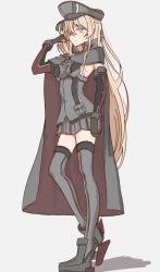 Rule 34 | 1girl, adapted costume, bismarck (kancolle), blonde hair, blue eyes, brown gloves, cape, commentary request, detached sleeves, full body, gloves, grey cape, grey skirt, grey thighhighs, hat, highres, kantai collection, kazakura (kazakura js), long hair, military, military hat, military uniform, peaked cap, pleated skirt, profile, skirt, solo, standing, thighhighs, uniform
