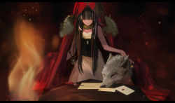 Rule 34 | 1girl, bad id, bad pixiv id, black hair, breasts, cloak, dark background, dress, envelope, fire, highres, leslie the moon queen, letter, long hair, multicolored hair, pixiv fantasia, pixiv fantasia last saga, red cloak, red eyes, small breasts, solo, sword, table, two-tone hair, very long hair, weapon, white dress, white hair, wolf