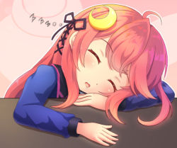 Rule 34 | 1girl, ahoge, black ribbon, black sailor collar, blue shirt, blush, closed eyes, commentary request, crescent, crescent hair ornament, drooling, facing viewer, hair ornament, hair ribbon, kantai collection, long hair, long sleeves, parted lips, red hair, ribbon, sailor collar, saliva, shirt, sills, sleeping, solo, upper body, uzuki (kancolle), zzz