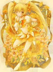 Rule 34 | 10s, 1girl, blonde hair, boots, bow, brooch, cure sunshine, flower, hair ribbon, hand to own mouth, heart, heart brooch, heartcatch precure!, instrument, jewelry, knee boots, leg lift, lily (flower), long hair, magical girl, michii yuuki, midriff, myoudouin itsuki, one eye closed, orange bow, precure, ribbon, skirt, solo, standing, standing on one leg, sunflower, tambourine, twintails, wink, yellow eyes