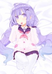 Rule 34 | 1girl, ahoge, azur lane, bed sheet, blush, hair ornament, hair scrunchie, heart, highres, hujikok, long hair, long sleeves, looking at another, lying, mouth hold, neckerchief, no shoes, nose blush, on back, pantyhose, pleated skirt, purple eyes, purple hair, scrunchie, skirt, solo, twintails, unicorn (long-awaited date) (azur lane), unicorn (azur lane), white pantyhose, x hair ornament