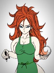 Rule 34 | 1girl, android 21, apron, artist request, barista, black nails, blue eyes, breasts, brown hair, cleavage, collarbone, cup, dragon ball, dragon ball fighterz, earrings, glass, green apron, highres, holding, holding pen, hoop earrings, iced latte with breast milk (meme), jewelry, large breasts, long hair, looking at viewer, meme, naked apron, parody, pen, raised eyebrow, simple background, solo, standing, starbucks, white background