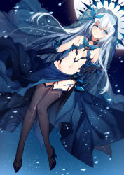 Rule 34 | 1girl, bison cangshu, black gloves, blue eyes, blue footwear, blush, breasts, brown thighhighs, closed mouth, collarbone, date a live, dutch angle, elbow gloves, full moon, gloves, glowing, groin, hair between eyes, high heels, highres, long hair, moon, navel, night, night sky, outdoors, revealing clothes, see-through, shoes, silver hair, sky, small breasts, smile, solo, thighhighs, tobiichi origami, veil, very long hair