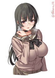 Rule 34 | 1girl, alternate costume, black choker, black hair, black neckerchief, blush, breasts, breath, brown sailor collar, brown skirt, brown sweater, buttons, choker, choukai (kancolle), cum, ebifurya, facial, glasses, heart, heart-shaped pupils, highres, kantai collection, large breasts, lips, long hair, long sleeves, looking at viewer, neckerchief, open mouth, pleated skirt, red eyes, rimless eyewear, sailor collar, school uniform, simple background, skirt, smile, solo, sweater, symbol-shaped pupils, twitter username, upper body, white background