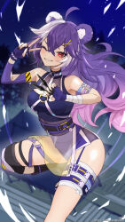 Rule 34 | 1girl, ahoge, animal ears, arm wrap, bandaged leg, bandages, black nails, blurry, blurry background, breasts, commission, cropped shirt, crossed bangs, detached sleeves, fingerless gloves, fishnets, gloves, gradient hair, hair between eyes, highres, holding, holding knife, indie virtual youtuber, k (art71), knee pads, knife, kunai, mole, mole under eye, multicolored hair, night, night sky, o-ring, o-ring arm strap, one eye closed, panda ears, panda girl, pink hair, purple gloves, purple hair, purple shirt, purple skirt, red eyes, shirt, single detached sleeve, skeb commission, skirt, sky, sleeveless, sleeveless shirt, smile, solo, split-color hair, uji jiji, v, v over eye, virtual youtuber, weapon, white hair