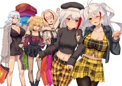 Rule 34 | 5girls, :d, ;d, ^ ^, admiral graf spee (azur lane), admiral hipper (azur lane), antenna hair, aran sweater, azur lane, bad id, bad twitter id, bag, bare shoulders, beret, black footwear, black headwear, black jacket, black legwear, black skirt, blonde hair, blouse, blue eyes, blunt bangs, blush, boots, breasts, cable knit, cardigan, casual, cellphone, choker, cleavage, closed eyes, collarbone, commentary request, cropped sweater, cup, expressionless, fishnets, gift, graf zeppelin (azur lane), green eyes, grey sweater, hair between eyes, hat, holding, holding bag, holding cup, holding gift, holding own arm, holding phone, jacket, large breasts, long hair, looking at viewer, medium breasts, messy hair, mole, multicolored hair, multiple girls, off-shoulder blouse, off-shoulder shirt, off shoulder, one eye closed, open cardigan, open clothes, open mouth, pants, pantyhose, phone, pointing, prinz eugen (azur lane), red eyes, red hair, red shirt, ribbed sweater, roon (azur lane), satou daiji, shirt, short hair, sidelocks, silver hair, simple background, skirt, sleeves past wrists, small breasts, smartphone, smile, streaked hair, suspender skirt, suspenders, sweater, two side up, very long hair, white background, yellow pants, yellow skirt