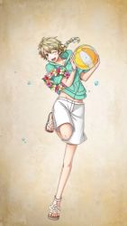 Rule 34 | 1boy, ;d, androgynous, ball, beachball, blonde hair, blush stickers, bow, bracelet, braid, brown eyes, contrapposto, earrings, flower, flower necklace, girly boy, groin, hair bow, highres, jewelry, lei, male focus, margarita (senjuushi), midriff peek, multicolored hair, nail polish, necklace, official art, one eye closed, open mouth, orange hair, pink nails, sandals, senjuushi: the thousand noble musketeers, senjuushi (series), shorts, single braid, smile, standing, standing on one leg, tachi-e, toenail polish, toenails, toes, trap, two-tone hair