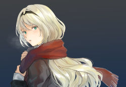 Rule 34 | 1girl, adjusting scarf, an-94 (girls&#039; frontline), aqua eyes, asawa (dm owr), blonde hair, blue background, breath, coat, enpera, eyebrows hidden by hair, from side, girls&#039; frontline, hairband, light blush, long hair, looking at viewer, looking to the side, parted lips, red scarf, scarf, solo, upper body