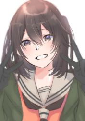 Rule 34 | 1girl, bad id, bad twitter id, black gloves, black neckerchief, brown eyes, brown hair, commentary request, gloves, grin, happi, highres, japanese clothes, kantai collection, looking at viewer, neckerchief, orange serafuku, rinto (rint rnt), sailor collar, school uniform, sendai (kancolle), serafuku, short hair, simple background, smile, solo, upper body, white background, white sailor collar