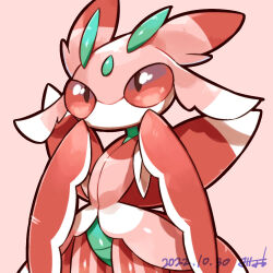Rule 34 | 1girl, antennae, arthropod girl, artist name, brown eyes, colored sclera, colored skin, cowboy shot, creatures (company), dated, female focus, flat chest, furry, furry female, game freak, gen 7 pokemon, green skin, hands up, highres, looking up, lurantis, minamo (pixiv17726065), multicolored skin, nintendo, no mouth, pink background, pink skin, pink theme, pokemon, pokemon (creature), red sclera, signature, simple background, solo, standing, white skin