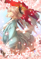 Rule 34 | 1girl, black bow, bow, cherry blossoms, closed mouth, fate/grand order, fate (series), from side, hair bow, haori, hatori mia, highres, japanese clothes, kimono, koha-ace, long sleeves, looking away, obi, okita souji (fate), okita souji (koha-ace), pink hair, profile, sash, shinsengumi, short hair, short ponytail, solo, upper body, wide sleeves, yellow eyes