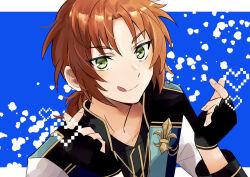 Rule 34 | 1boy, black gloves, commentary request, ensemble stars!, finger heart, fingerless gloves, fingernails, gloves, green eyes, heart, long hair, long sleeves, looking at viewer, male focus, nago 0313, orange hair, solo, tongue, tongue out, tsukinaga leo, upper body