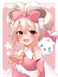 Rule 34 | 1girl, ascot, bare shoulders, blush, borrowed hairstyle, breasts, cape, cinnamiku hairstyle, cinnamoroll, dress, elbow gloves, fate/kaleid liner prisma illya, fate (series), folded twintails, gloves, hair between eyes, hair ornament, hair scrunchie, highres, illyasviel von einzbern, layered gloves, long hair, looking at viewer, mochi (k620803n), non porn, open mouth, pink dress, pink gloves, prisma illya, red eyes, sanrio, scrunchie, sidelocks, small breasts, smile, tied ears, white cape, white gloves, white hair