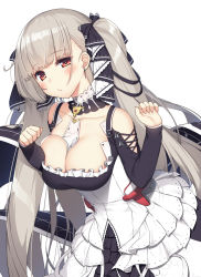 Rule 34 | 1girl, azur lane, bare shoulders, breasts, choker, cleavage, clenched hands, collarbone, commentary request, detached sleeves, earrings, eyes visible through hair, flight deck, formidable (azur lane), hair ribbon, highres, jewelry, long hair, long sleeves, looking at viewer, machinery, maid, olive (laai), red eyes, ribbon, sidelocks, silver hair, simple background, solo, twintails, white background