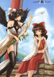 Rule 34 | 2girls, amibazh, ascot, bird, black hair, black legwear, black wings, blue sky, book, bow, breasts, brown hair, cloud, collarbone, commentary, day, detached sleeves, dove, elbow gloves, expressionless, eyelashes, fine art parody, flower, forest, gap (touhou), gloves, hair bow, hair tubes, hakurei reimu, hand on neck, hand on own stomach, hand up, hat, highres, holding, holding flower, japanese clothes, kourindou tengu costume, lily (flower), long hair, looking at another, looking down, looking up, medium breasts, midriff, multiple girls, nature, obi, open book, parody, red eyes, red skirt, ribbon-trimmed collar, ribbon-trimmed sleeves, ribbon trim, sash, shameimaru aya, short hair, sitting, sitting on object, skirt, sky, sleeveless, smile, talking, thighhighs, tokin hat, torii, touhou, white gloves, wings, yakumo yukari