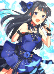 Rule 34 | 10s, 1girl, bad id, bad pixiv id, black hair, blue dress, blue eyes, blurry, blush, bow, breasts, cleavage, commentary request, depth of field, dress, feathers, flower, hair flower, hair ornament, highres, idolmaster, idolmaster million live!, long hair, microphone, mogami shizuka, open mouth, solo, yuru mame