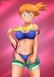 Rule 34 | 1girl, absurdres, bare shoulders, blush, breasts, collarbone, commentary, covered erect nipples, creatures (company), game freak, gluteal fold, hand up, highres, lifted by self, looking at viewer, medium breasts, misty (pokemon), navel, nintendo, paid reward available, parted lips, pokemon, pokemon (anime), pokemon sm042, pokemon sm (anime), shiny skin, short hair, shorts, simple background, smile, stomach, suspenders, swimsuit, swimsuit under clothes, tank top, teeth, thighs, unbuttoned, zel-sama