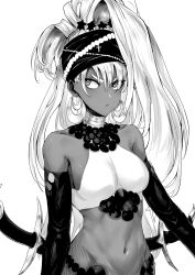Rule 34 | 1girl, aato san, breasts, closed mouth, cross, dark-skinned female, dark skin, elbow gloves, eyes visible through hair, gloves, highres, long hair, medium breasts, monochrome, navel, one-punch man, sheath, sheathed, simple background, solo, sword, upper body, weapon, white background, yuta (one-punch man)