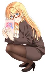 Rule 34 | 1girl, ayase eli, blonde hair, blue eyes, brown pantyhose, card, formal, from side, full body, glasses, hair down, highres, holding, holding card, interlocked mars and venus symbols, long hair, looking at viewer, love live!, love live! school idol festival, love live! school idol project, mars symbol, mogu (au1127), office lady, pantyhose, simple background, solo, squatting, sweatdrop, venus symbol, white background