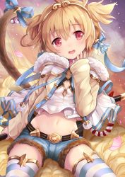 Rule 34 | 10s, 1girl, :d, andira (granblue fantasy), animal ears, bell, belt, blonde hair, blue bow, blue ribbon, blue shorts, blush, bow, breasts, cloud, crop top, detached sleeves, erune, eyebrows, flying nimbus, fur trim, granblue fantasy, groin, hair between eyes, hair ornament, hairband, highres, horizontal-striped legwear, jacket, jewelry, jingle bell, long sleeves, looking at viewer, midriff, monkey ears, monkey tail, navel, open mouth, petals, pointy hair, red eyes, ribbon, rope, short hair, short shorts, shorts, sitting, sky, small breasts, smile, solo, staff, stomach, striped clothes, striped thighhighs, tail, tail bell, tail bow, tail ornament, thighhighs, two side up, u rin, yellow jacket