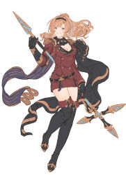 Rule 34 | 1girl, :d, belt, black gloves, black hairband, blonde hair, blue eyes, boots, breasts, cleavage, epaulettes, gloves, granblue fantasy, grin, hairband, highres, holding, holding polearm, holding weapon, long hair, looking at viewer, medium breasts, open mouth, polearm, ponytail, shimatani azu, smile, solo, spear, standing, thigh boots, thighs, weapon, zeta (granblue fantasy)