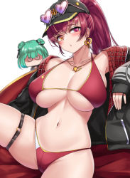 Rule 34 | 2girls, absurdres, bikini, black headwear, black jacket, blush, breast envy, breasts, cho!cho!, curvy, earrings, eyewear on head, halterneck, heart, heart earrings, heart necklace, heterochromia, high ponytail, highres, hololive, houshou marine, houshou marine (summer), jacket, jewelry, large breasts, looking at viewer, multiple girls, navel, necklace, o-ring, o-ring thigh strap, open clothes, open jacket, red bikini, red eyes, red hair, sleeves past wrists, solo focus, swimsuit, thigh strap, thighs, underboob, uruha rushia, virtual youtuber, white background, yellow eyes