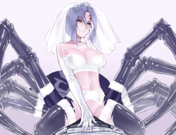 Rule 34 | 10s, 1girl, arachne, arthropod girl, bare shoulders, bra, breasts, bridal lingerie, bridal veil, bride, cleavage, closed mouth, collarbone, convenient arm, convenient censoring, covering crotch, covering privates, elbow gloves, extra eyes, extra legs, female focus, garter belt, gloves, grey hair, hair between eyes, hand on own cheek, hand on own face, insect girl, jewelry, large breasts, lingerie, looking at viewer, monster girl, monster musume no iru nichijou, navel, no panties, rachnera arachnera, red eyes, ring, short hair, simple background, solo, spider girl, strapless, strapless bra, taur, underwear, underwear only, veil, wedding band, white bra, white gloves, zakirsiz