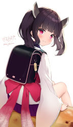 Rule 34 | &gt;:), 1girl, absurdres, backpack, bag, black hair, blunt bangs, blush, chikuwa, closed mouth, commentary request, food, from behind, headgear, highres, japanese clothes, kimono, looking at viewer, looking back, mini person, minigirl, ochinsama, on food, pleated skirt, purple eyes, purple skirt, signature, simple background, sitting, skirt, smile, solo, touhoku kiritan, twintails, twitter username, v-shaped eyebrows, voiceroid, white background, white kimono
