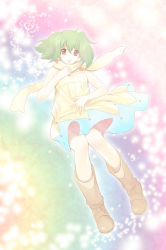 Rule 34 | 1girl, bad id, bad pixiv id, boots, dress, female focus, finger to mouth, floating, full body, gradient background, green hair, highres, kasuga hamui, macross, macross frontier, pale color, rainbow background, ranka lee, red eyes, scarf, short hair, smile, solo