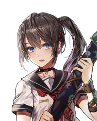 Rule 34 | 1girl, belt, black hair, blue eyes, choker, commentary request, cowboy shot, eyebrows, hair ornament, hairclip, highres, kim eb, long hair, looking at viewer, neckerchief, original, school uniform, serafuku, side ponytail, simple background, solo, upper body, white background